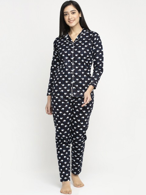 

MAXENCE Women Black & White Printed Night suit
