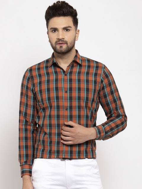 

JAINISH Men Orange & Turquoise Blue Regular Fit Checked Formal Shirt