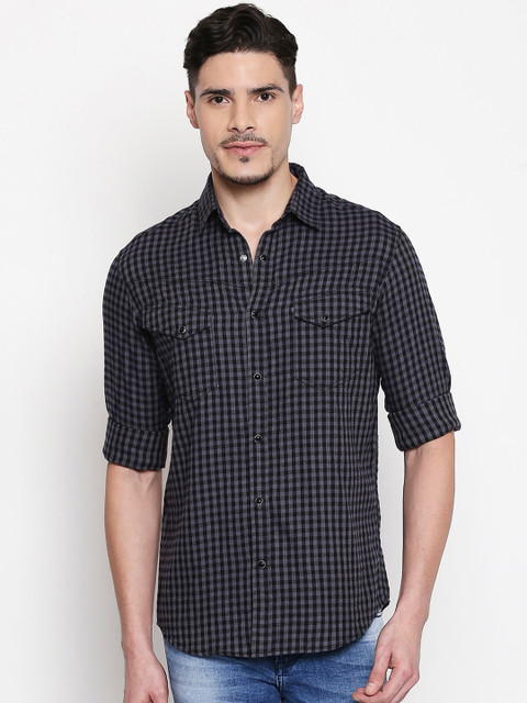 

Mufti Men Grey & Black Slim Fit Checked Casual Shirt