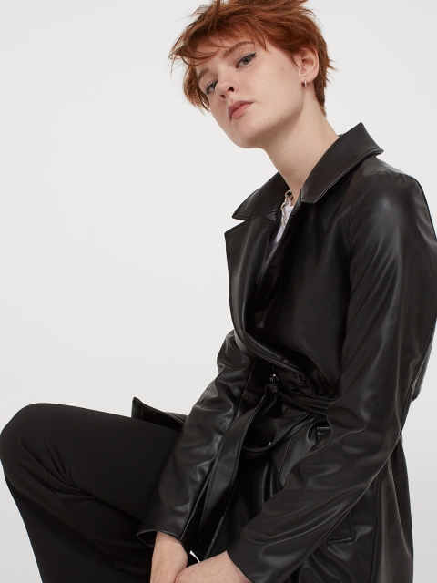 

H&M Women Black Imitation Leather Trench Coat