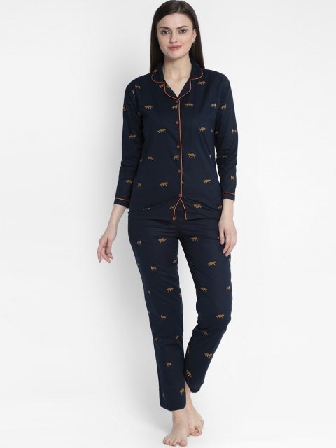 

MAXENCE Women Navy Blue & Yellow Printed Night Suit
