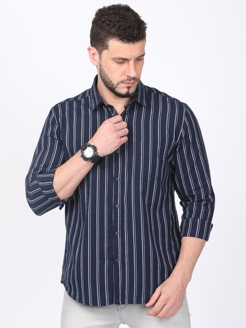 

FOGA Men Navy Blue & White Slim Fit Striped Casual Shirt