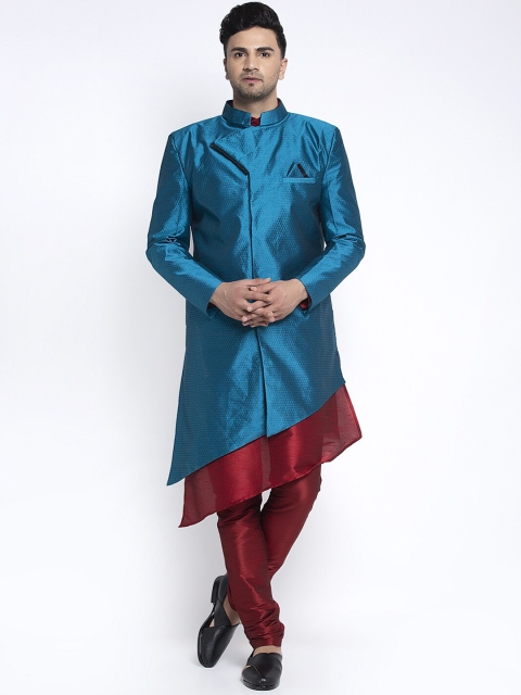 

Benstoke Men Teal-Blue & Maroon Self Design Sherwani Set