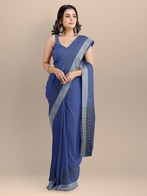 BharatSthali Navy Blue Pure Cotton Solid Mangalagiri Handloom Saree