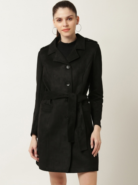 

ZOELLA Women Black Solid Single-Breasted Trench Coat