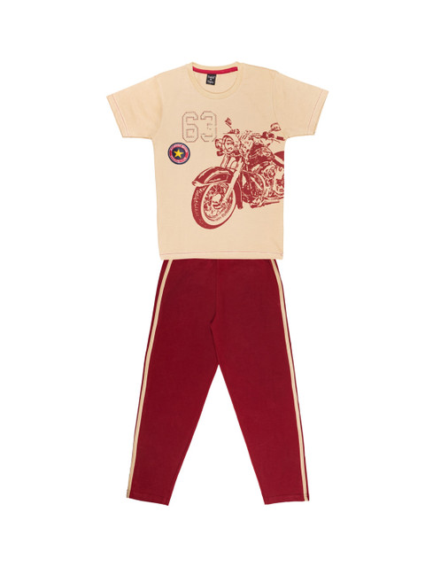 

Todd N Teen Boys Peach-Coloured & Maroon Printed T-shirt with Solid Trousers