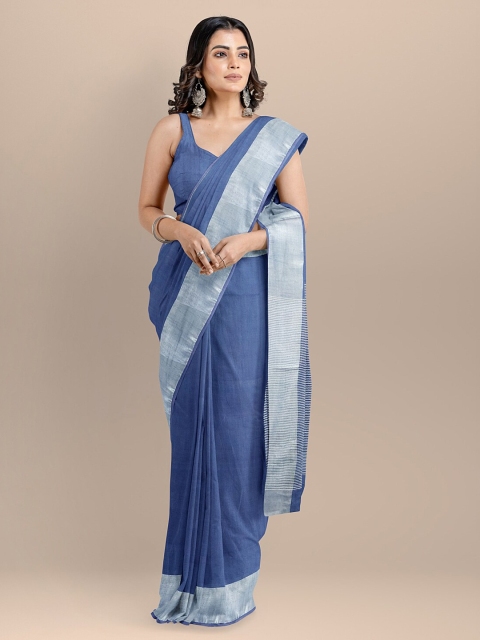 

BharatSthali Blue Silk Cotton Solid Mangalagiri Handloom Saree