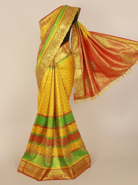 

Pothys Yellow & Peach-Coloured Pure Silk Woven Design Kanjeevaram Saree