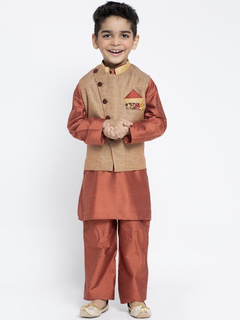MAXENCE Boys Brown Solid Kurta with Pyjamas with Jacket