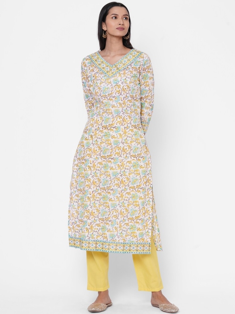 

FASHOR Women White & Yellow Printed Kurta with Trousers
