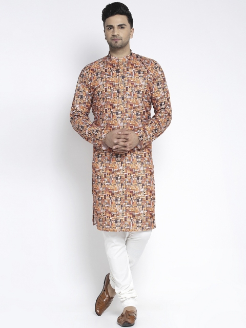 

Benstoke Men Brown & White Printed Kurta with Churidar