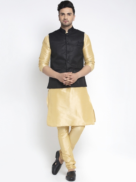 

Benstoke Men Gold-Toned Solid Kurta with Churidar and Nehru Jacket