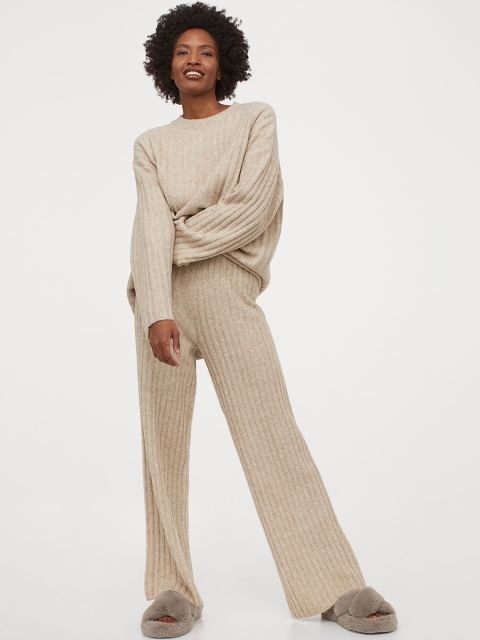 

H&M Women Beige Solid Ribbed Wool-Blend Sustainable Trousers
