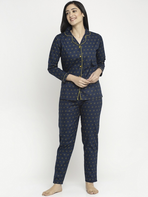 

MAXENCE Women Navy Blue & Yellow Printed Night Suit