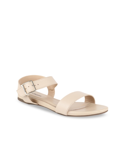 Hush Puppies Women Beige Solid Leather Open Toe Flats