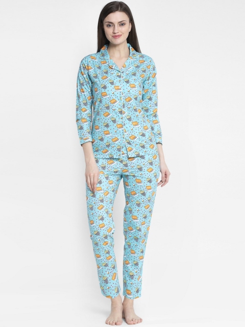 

MAXENCE Women Blue & Orange Printed Night Suit
