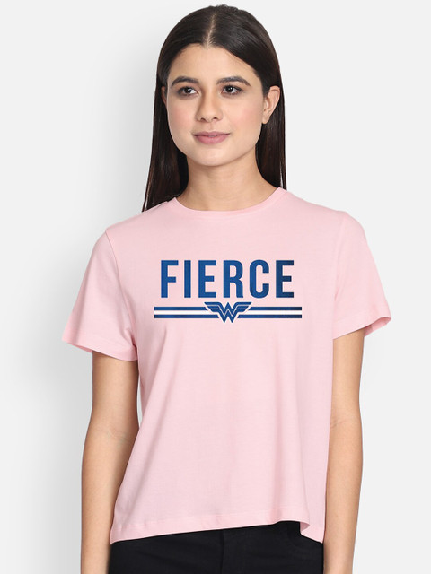 

Free Authority Women Pink Printed Wonder Woman Round Neck Pure Cotton T-shirt