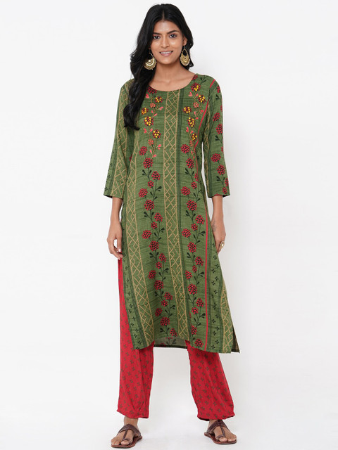 

FASHOR Women Green & Red Printed Kurta with Palazzos