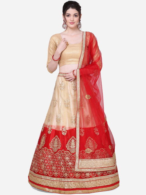 

Mitera Women Red & Gold-Coloured Embroidered Semi-Stitched Lehenga & Unstitched Blouse With Dupatta