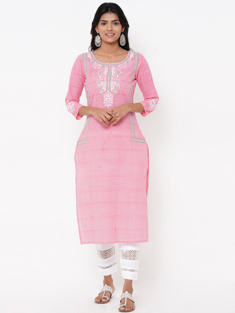 

FASHOR Women Pink Embroidered Straight Kurta