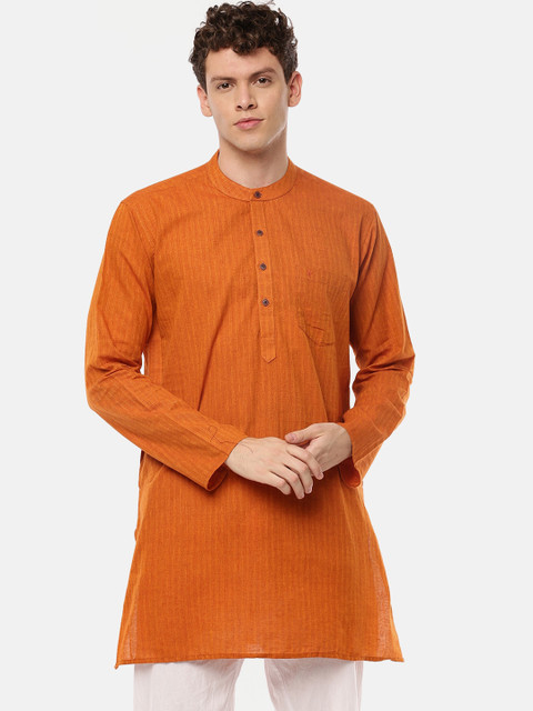 

RAMRAJ COTTON Men Orange Striped Straight Kurta