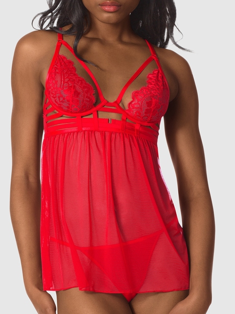 

La Senza Women Red Lace Sheer Baby Doll With Thongs