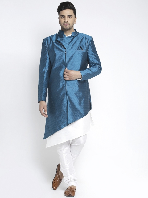 

Benstoke Men Teal-Blue & White Self Design Sherwani Set