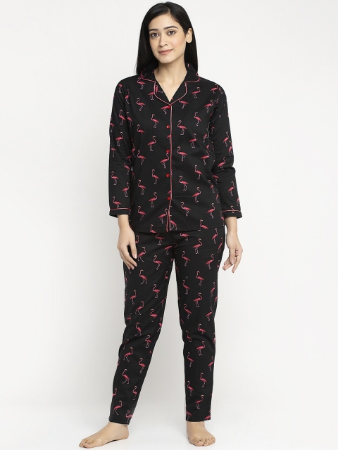 

MAXENCE Women Black & Pink Printed Night Suit
