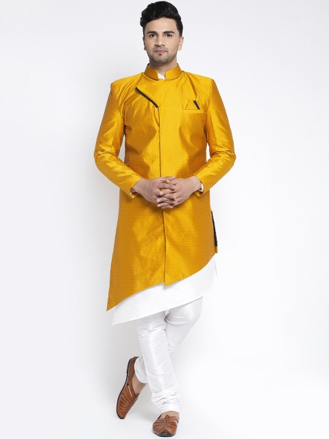 

Benstoke Men Mustard-Yellow & White Self Design Sherwani Set, Gold