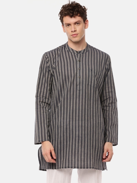 

RAMRAJ COTTON Men Black Striped Straight Kurta