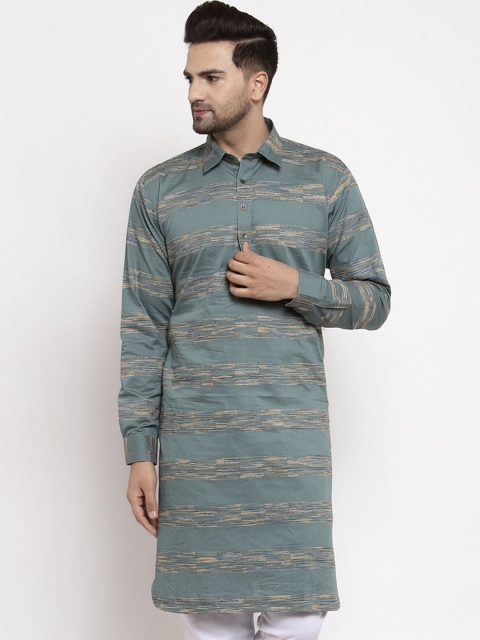 

Jompers Men Green Striped Pathani Kurta