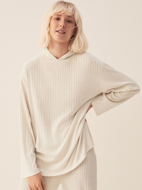 

H&M Women Beige Ribbed Hoodie