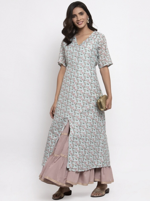 

Kiaasa Women Sea Green & Pink Checked Anarkali Kurta