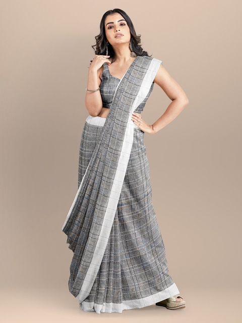 

BharatSthali Black Pure Linen Checked Bhagalpuri Handloom Sustainable Saree