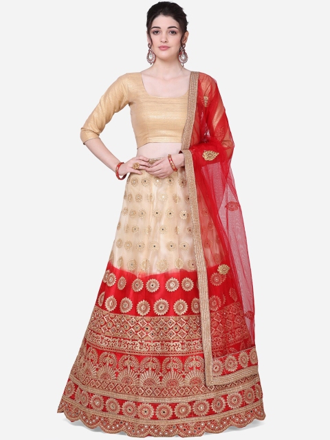 

Mitera Women Red & Gold-Toned Semi-Stitched Lehenga & Unstitched Blouse With Dupatta