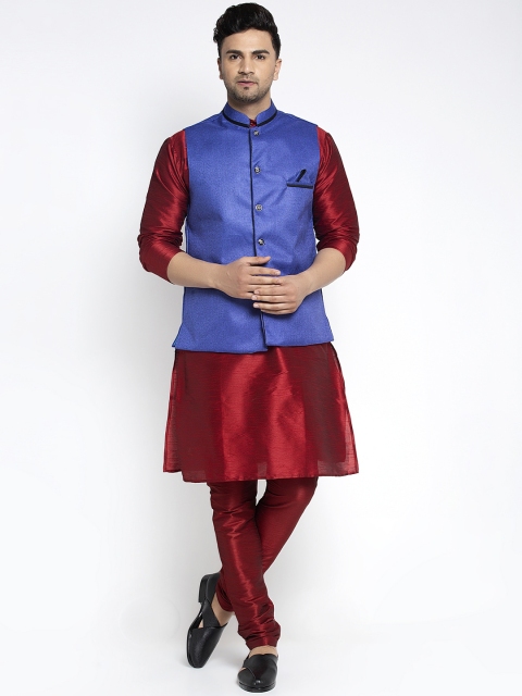 

Benstoke Men Maroon Solid Silk Kurta with Churidar and Nehru jacket