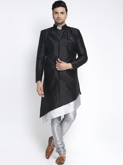 

Benstoke Men Black & Silver-Coloured Self-Design Sherwani Set
