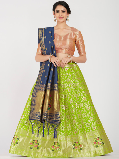 

MIMOSA Women Peach-Coloured & Green Woven Design Semi-Stitched Lehenga & Unstitched Choli with Dupatta