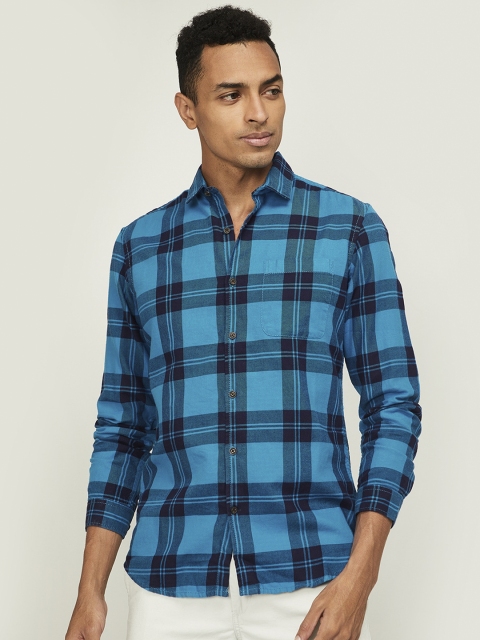 

UCLA Men Blue Slim Fit Checked Casual Shirt