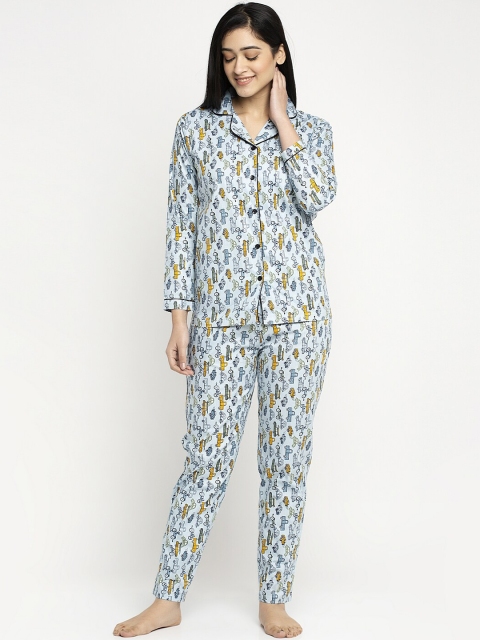 

MAXENCE Women Blue & Yellow Printed Night Suit