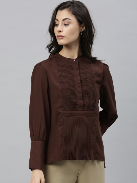 

RAREISM Women Coffee Brown Solid Shirt Style Pure Cotton Top