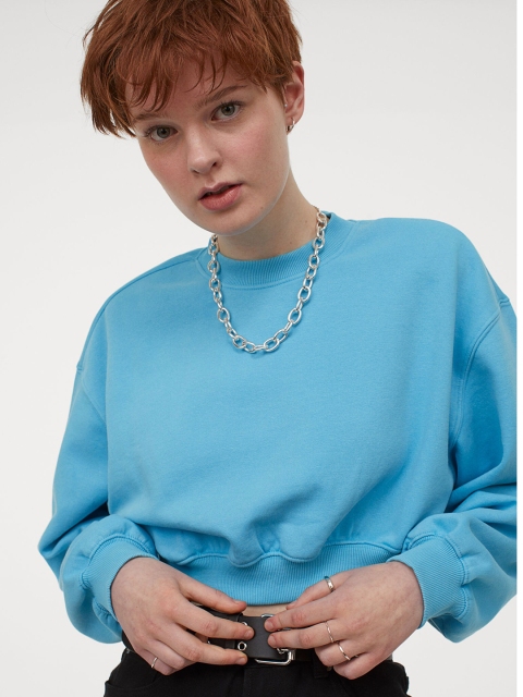 

H&M Women Turquoise Blue Solid Cropped Sweatshirt
