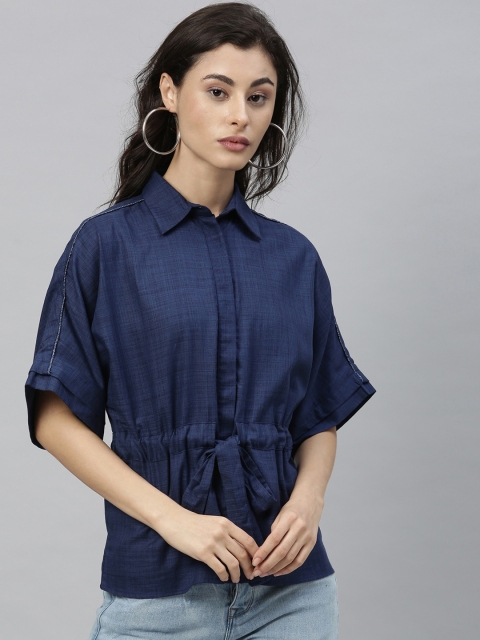 

RAREISM Women Blue Solid Shirt Style Pure Cotton Top