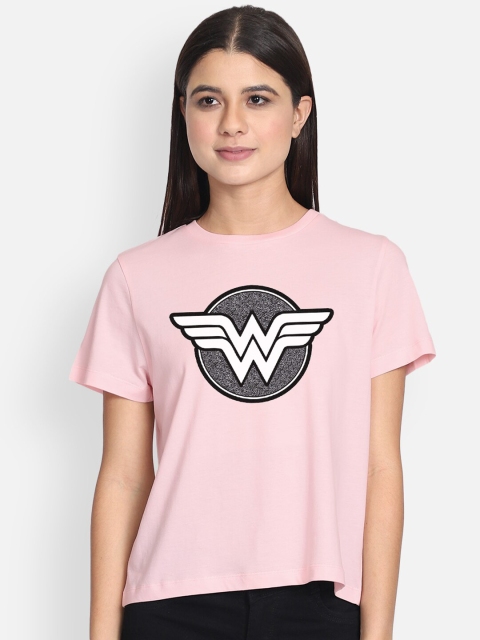 Free Authority Women Pink Printed Wonder Woman Round Neck Pure Cotton T-shirt