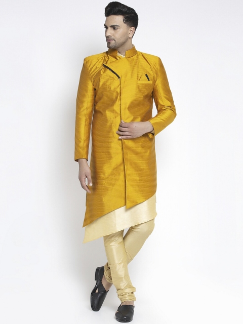 

Benstoke Men Gold-Coloured & Cream-Coloured Self Design Sherwani Set, Mustard