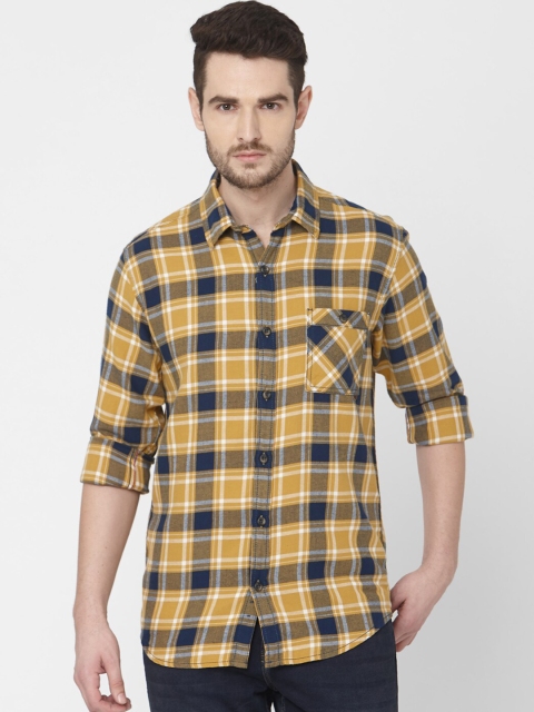 

Mufti Men Yellow & Navy Blue Slim Fit Checked Casual Shirt