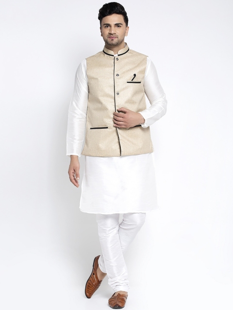 

Benstoke Men White Solid Silk Kurta with Churidar and Nehru Jacket