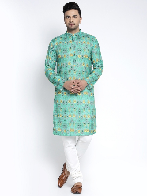 

Benstoke Men Sea Green & White Printed Kurta with Churidar
