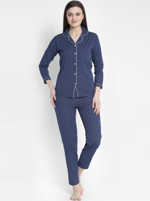 

MAXENCE Women Navy Blue & White Printed Night suit