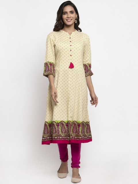 

Kiaasa Women Off-White & Green Printed A-Line Kurta